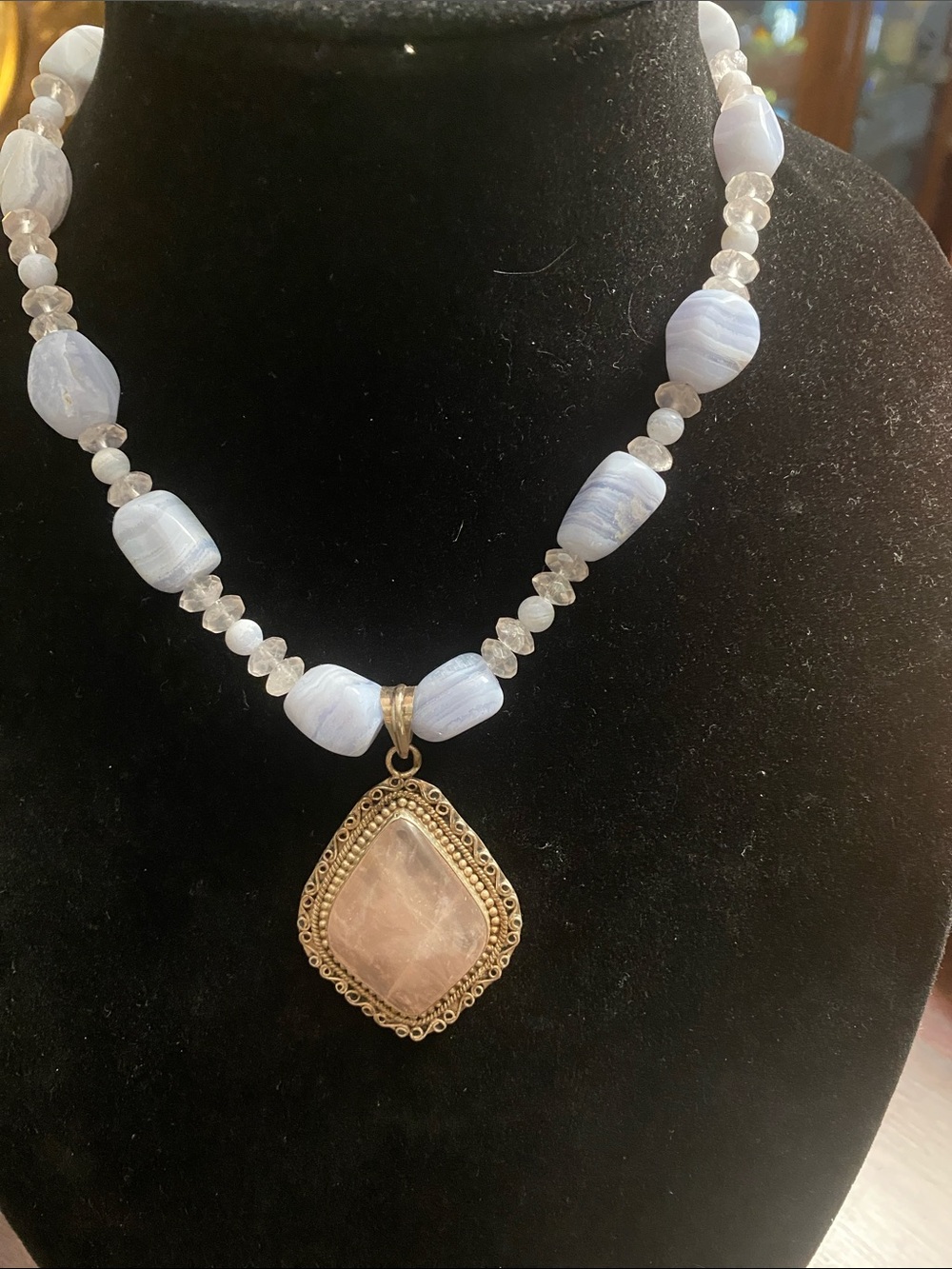 Handcrafted Blue Lace Agate Necklace with Rose Quartz Pendant